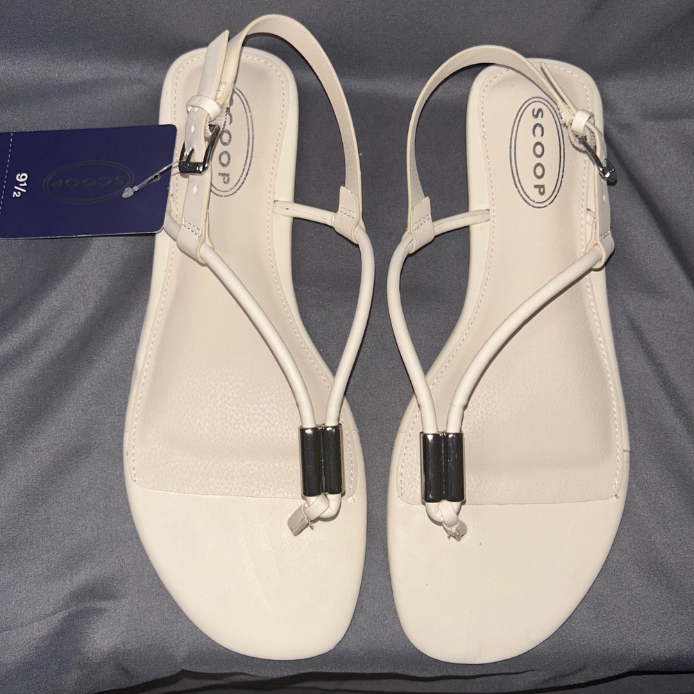 Scoop Thong‎ Slingback Sandal Women's Bone Cream Silver Hardware Flat 9.5 NEW